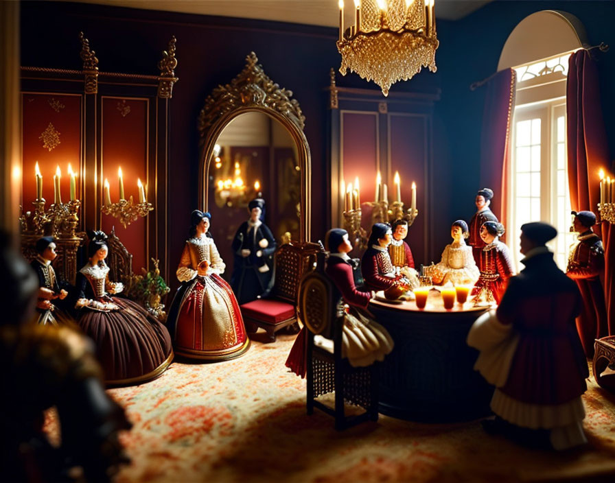 Victorian-style parlor scene with elegant figures and ornate furniture