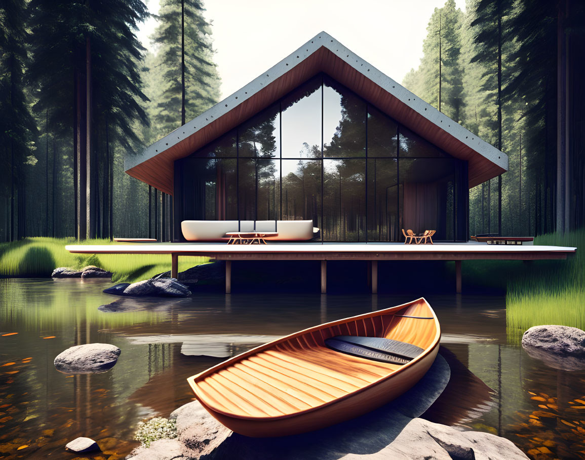 Triangular-shaped glass house above water in forest with canoe