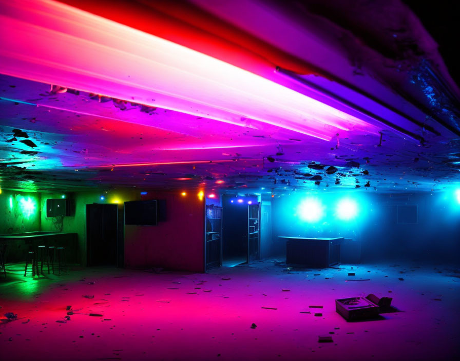 Colorful Neon-Lit Empty Room with Scattered Debris