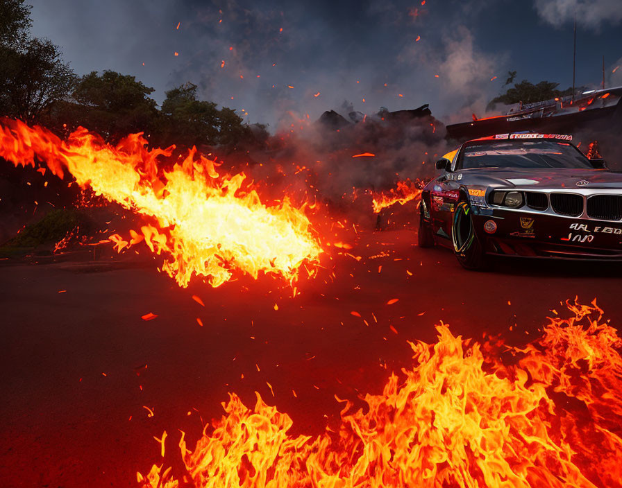 Racing car drifts on track with flames and sparks in dramatic scene