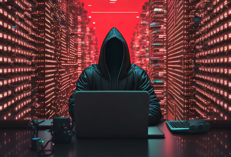 Hooded figure at laptop in red-lit server room with binary code screens