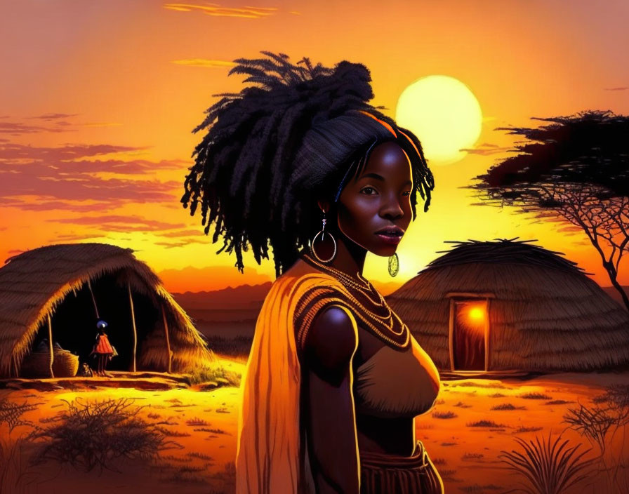 Woman with dreadlocks in shawl and earrings at sunset with huts