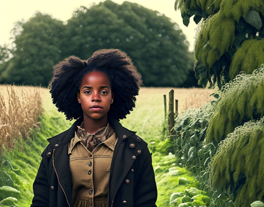 Young girl with curly hair in brown shirt and jacket outdoors with lush greenery.