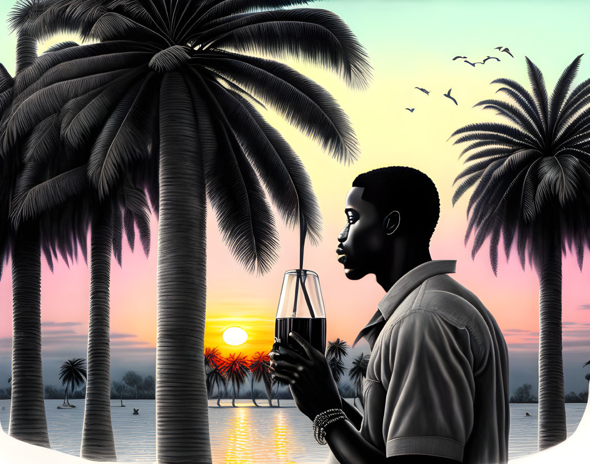 Man holding wine glass gazes at tropical sunset with palm trees and birds over water.