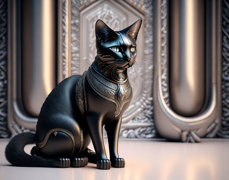 Black Cat in Golden Armor Poses Against Classical Wall Panels