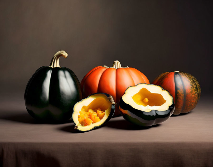 Assorted squashes on table with one cut open, seeds visible, on brown gradient background