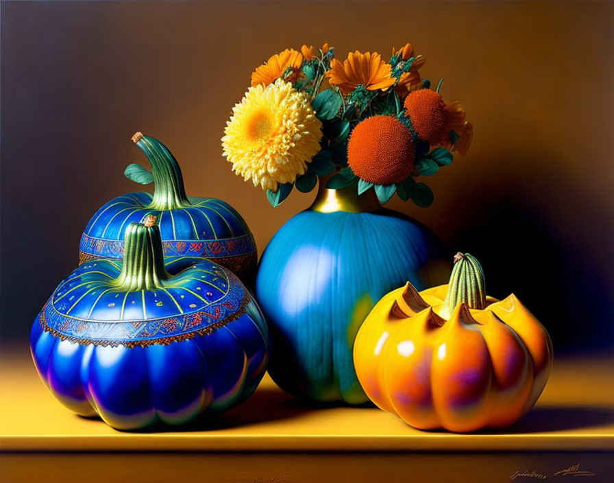 Ornately Decorated Pumpkins and Flower Bouquet Still Life Painting