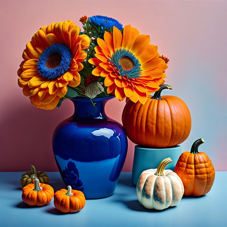 Colorful Still Life with Orange Gerbera Daisies, Pumpkins, and Dual-Tone