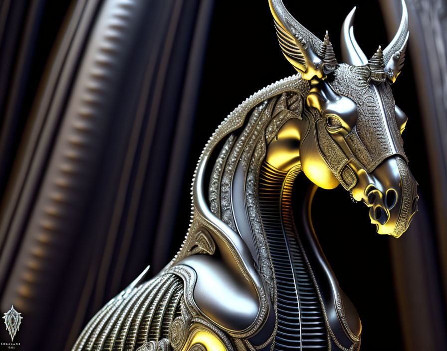 Detailed Metallic Bull Sculpture with Engravings and Ribbed Columns Background