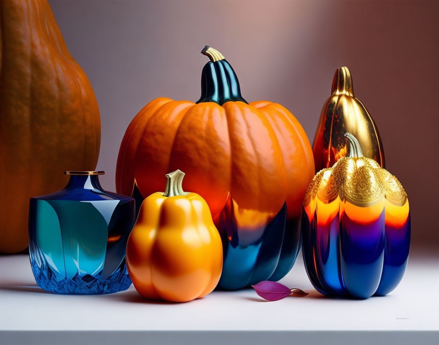 Vibrant pumpkin and glass vase still-life on gradient backdrop