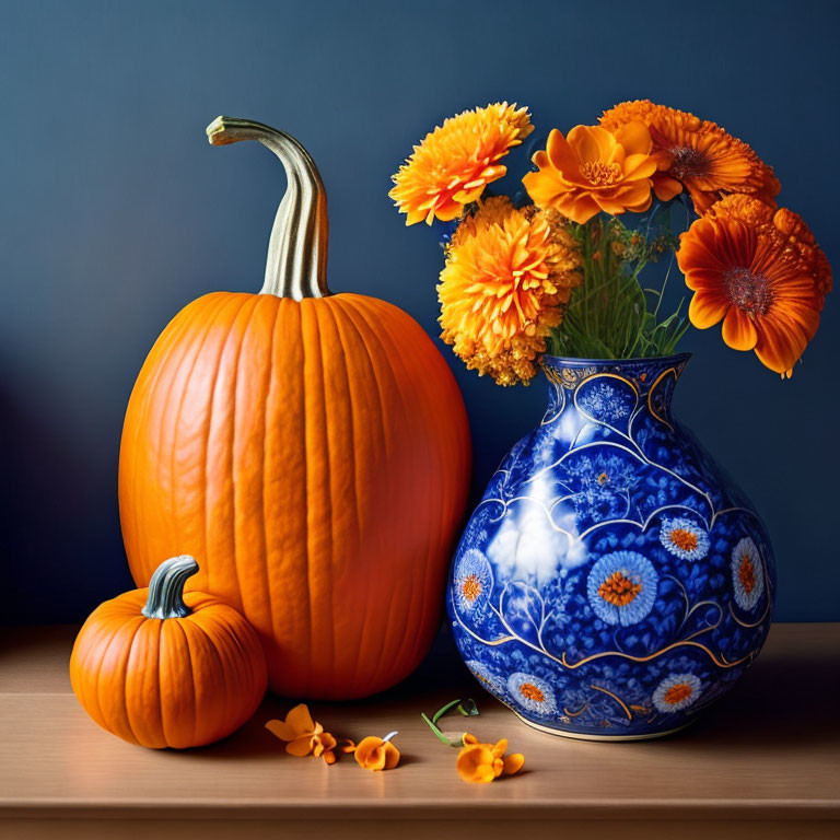 Colorful still-life with pumpkin, gourd, marigold flowers in blue vase