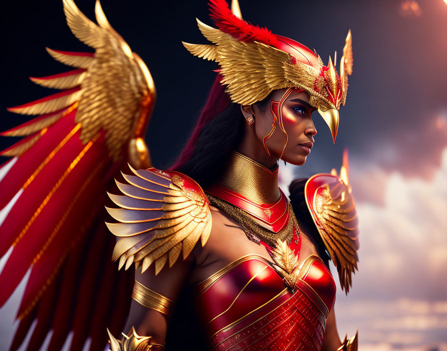 Golden Winged Armor Warrior Woman with Red and Gold Helmet in Dramatic Sky