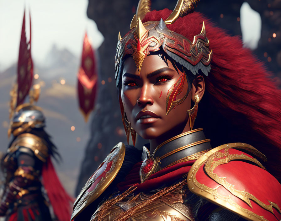 Fiery-haired female warrior in red armor with dragon helmet, another figure in background