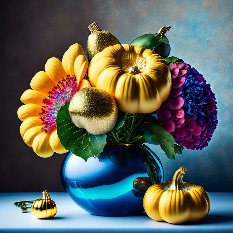 Colorful still life with golden pumpkins, blue vase, and vibrant flowers on textured background