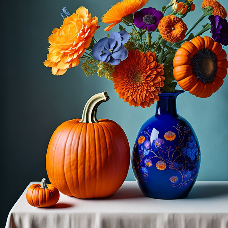 Colorful Still Life with Orange Pumpkin, Miniature Pumpkin, and Bouquet in Cobalt Blue V