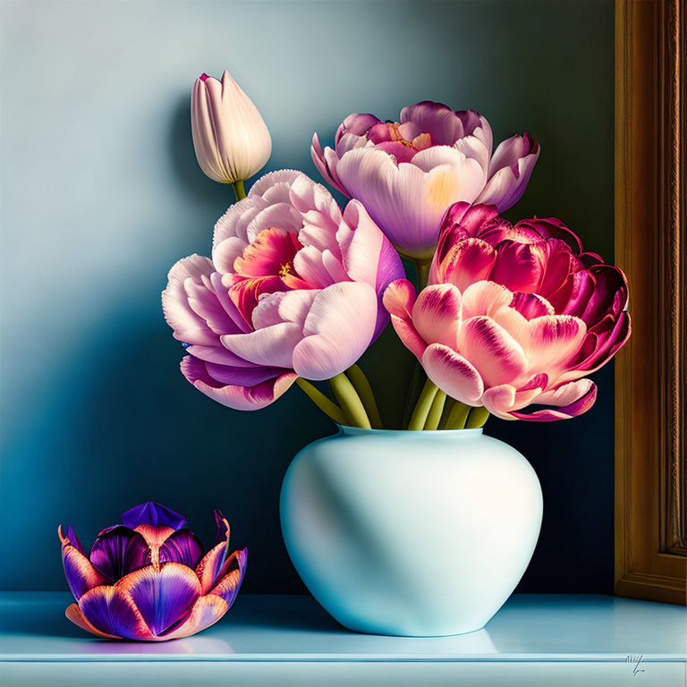 Colorful tulip bouquet in white vase with fallen petal on table.