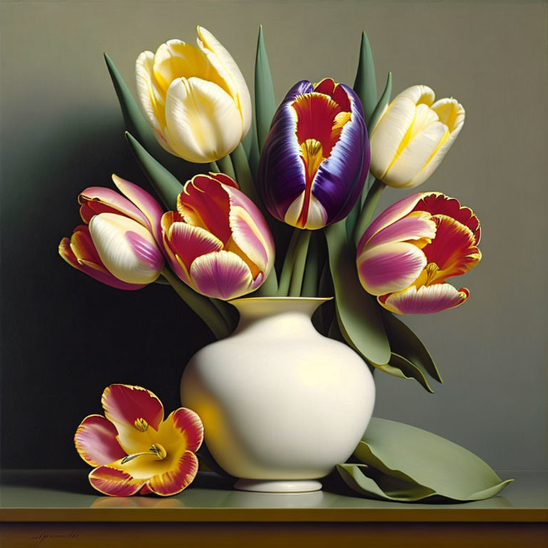 Realistic painting: Vibrant tulips in white vase on dark background