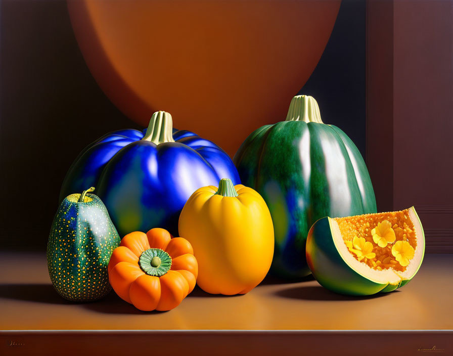 Colorful Stylized Gourds and Pumpkin Still Life Painting