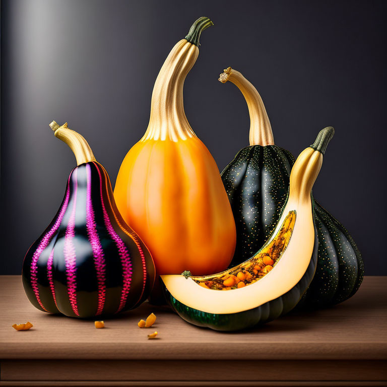 Stylized pumpkins and squash slice on wooden table.