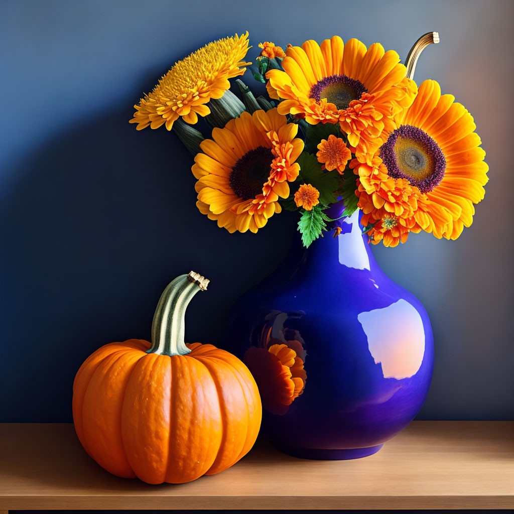 Orange Flowers in Blue Vase with Pumpkin on Blue Gradient Background