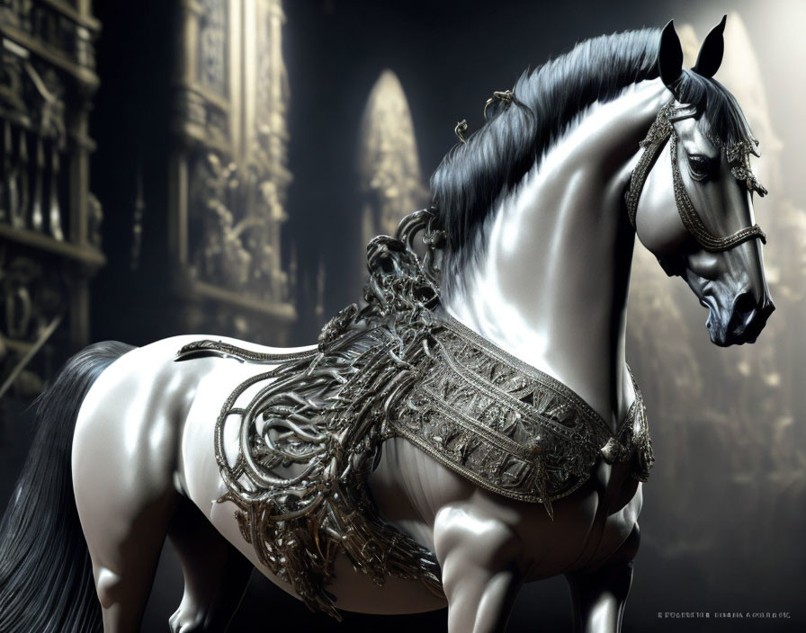 White horse with black mane in ornate harness in classical setting