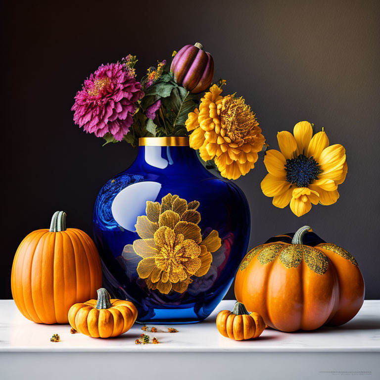 Still life composition: pumpkins, blue vase, vibrant flowers, floral accents on dark backdrop