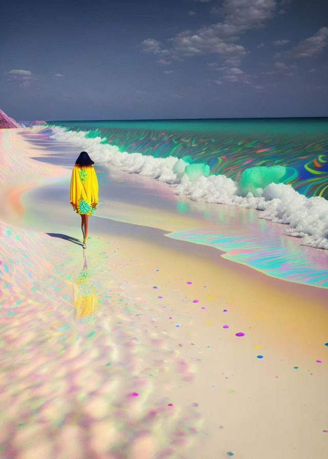 Vibrant multicolored beach scene with iridescent waves and reflective figure