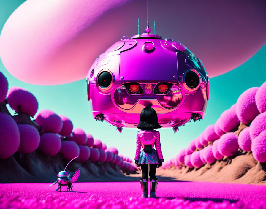 Young girl in surreal landscape with pink spacecraft and oversized eggs under teal sky