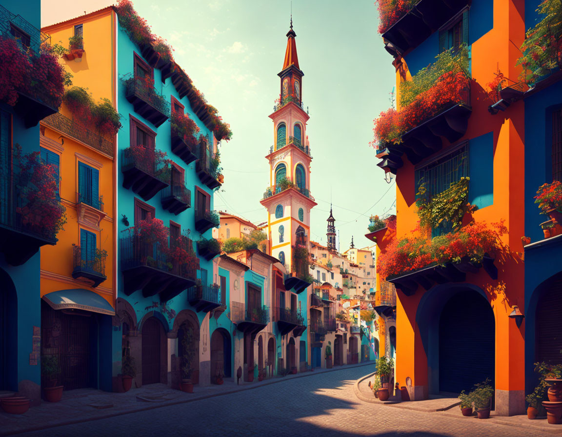 Colorful Buildings and Flowering Balconies on Vibrant Street Leading to Church Tower