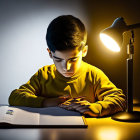 Young boy reading under desk lamp in dimly lit room