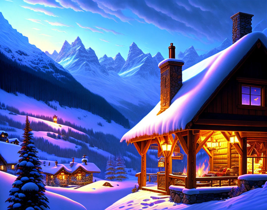 Snow-covered cabin in twilight with illuminated windows