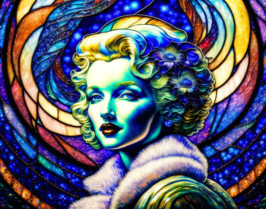 Vibrant portrait of a woman with wavy hair and fur collar, cosmic and floral motifs.