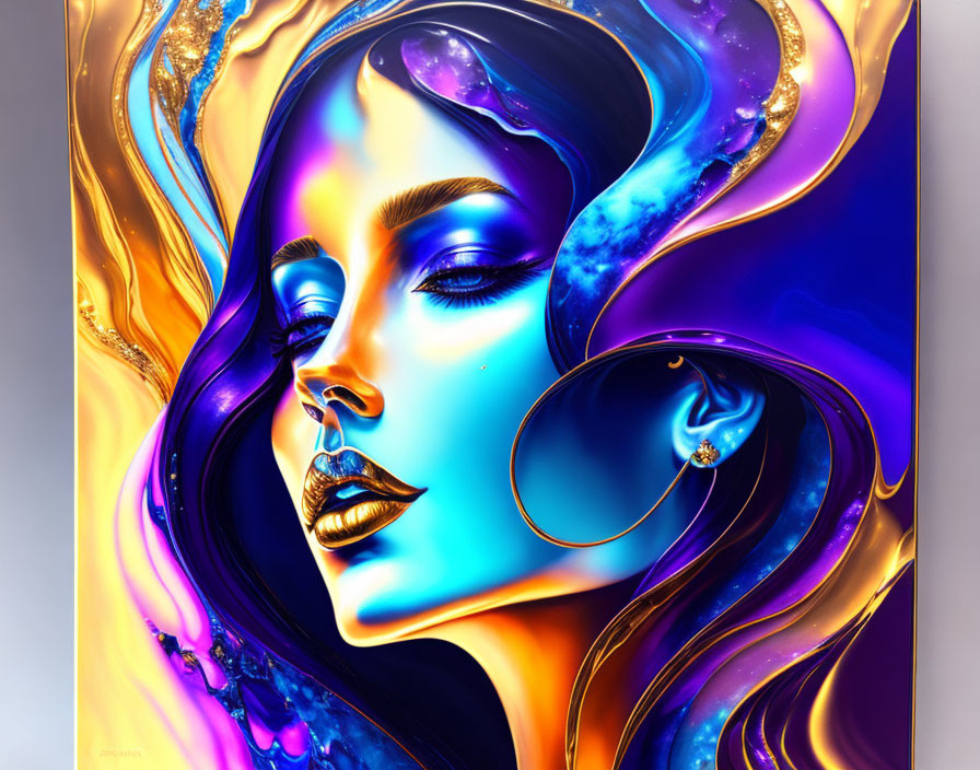 Digital portrait: Woman with blue skin and gold lips, surrounded by iridescent shapes in blue and