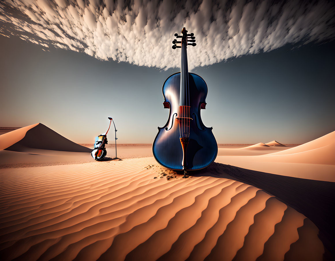 Cello and scooter on sandy dunes under dramatic sky