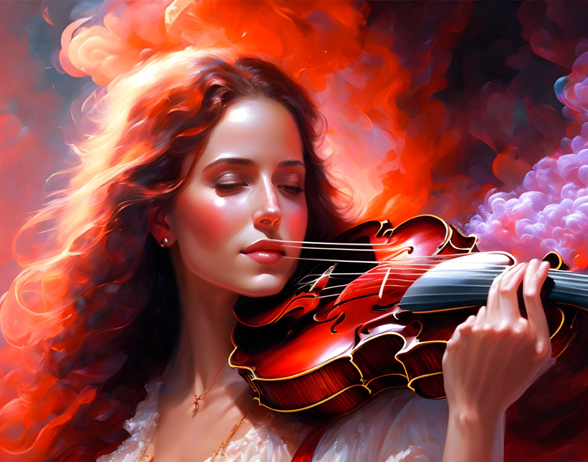 Woman playing violin in vibrant red and orange colors