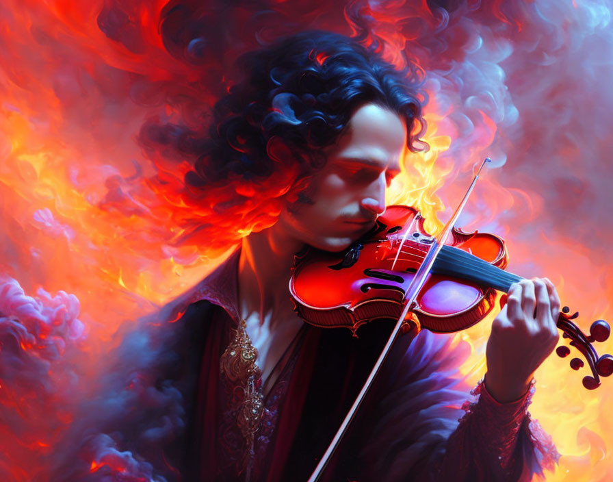 Curly-haired person plays violin in fiery smoke