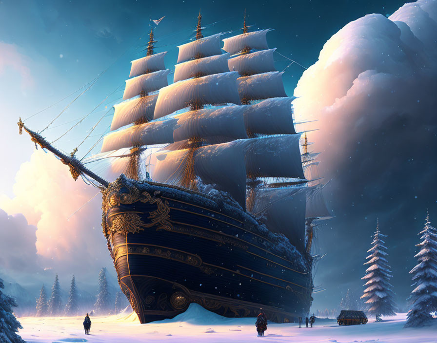 Tall ship with full sails in snow-covered landscape at twilight