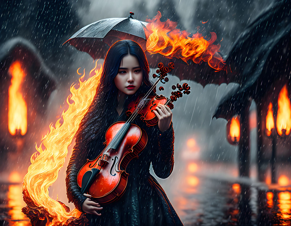 Woman with black hair plays flaming violin under umbrella in rainy scene