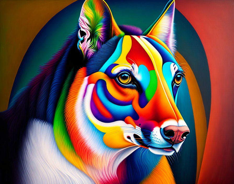 Colorful dog painting with rainbow palette and gradient background