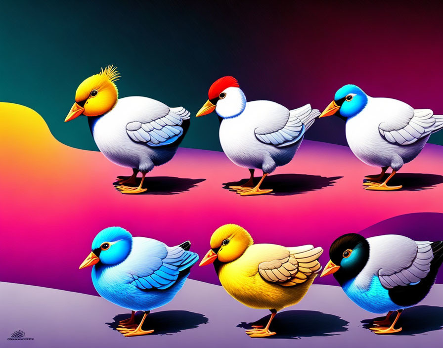 Illustrated birds with human-like bodies on vibrant gradient background