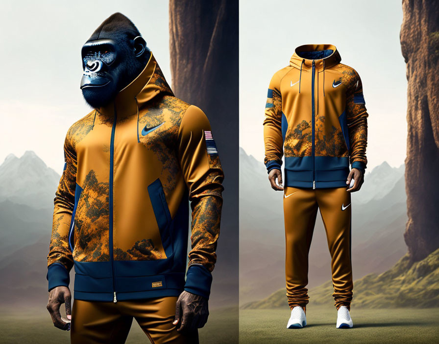 Digital artwork: Gorilla head on human body in Nike tracksuit, amidst rock formations with mountains.