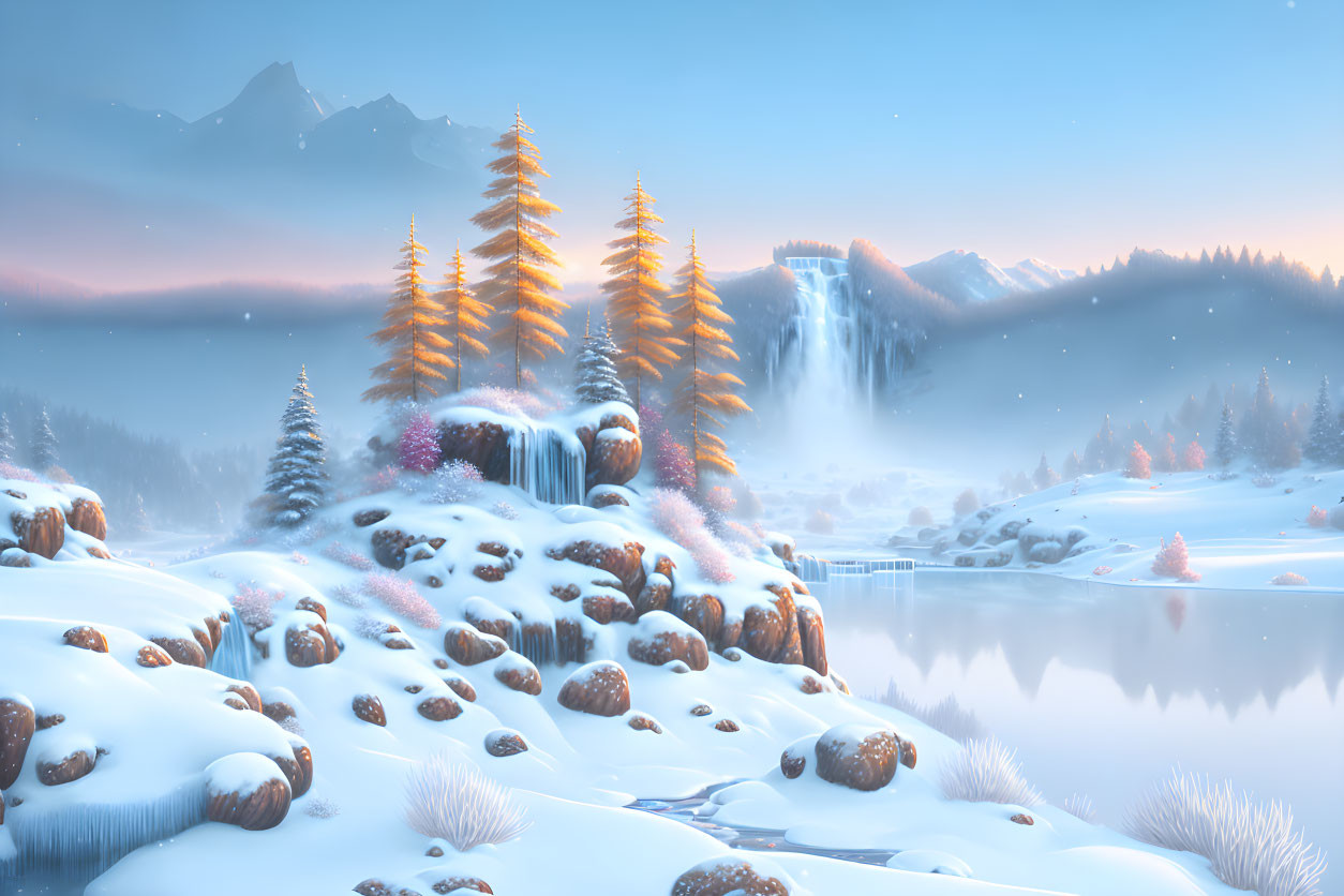 Snow-covered trees, frozen waterfall, tranquil lake: Twilight winter landscape with mountains