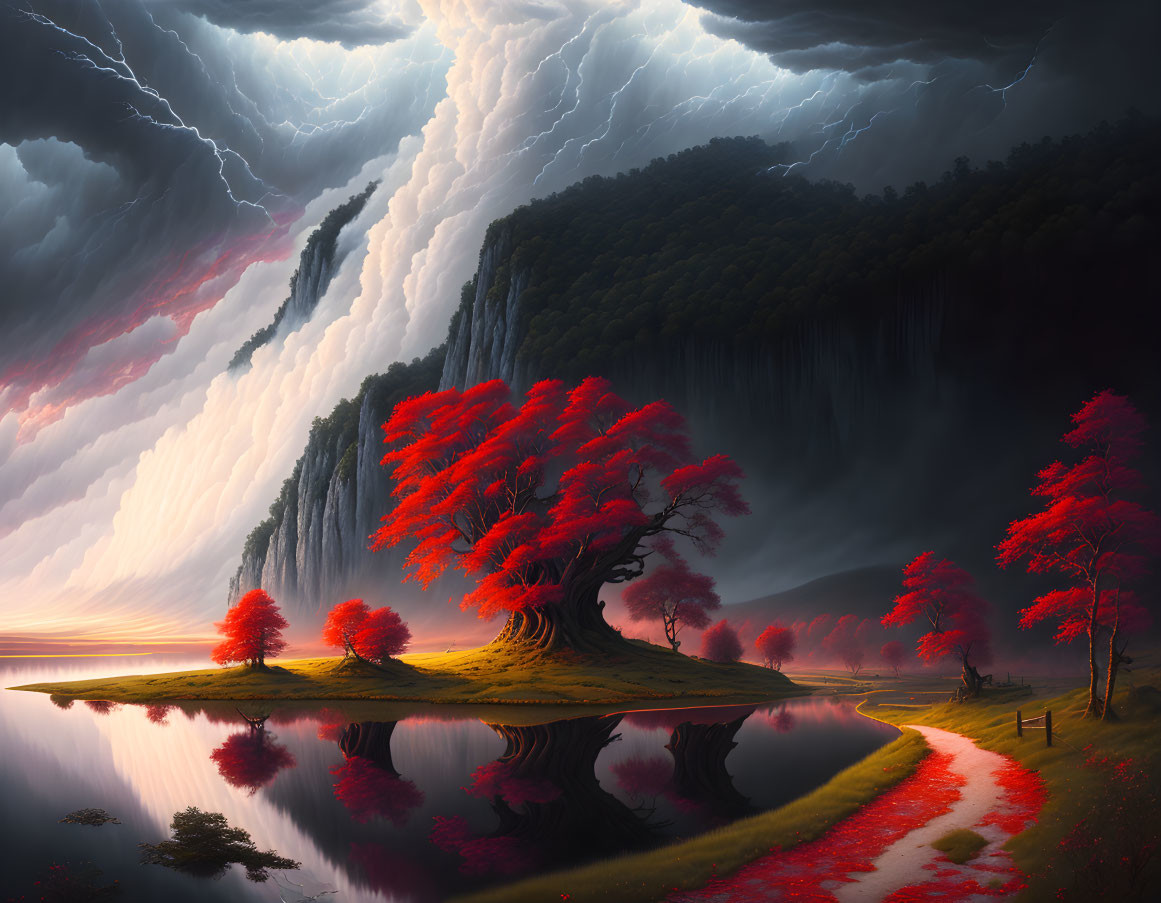 Vibrant red trees on serene island with thunderous sky and towering waterfalls