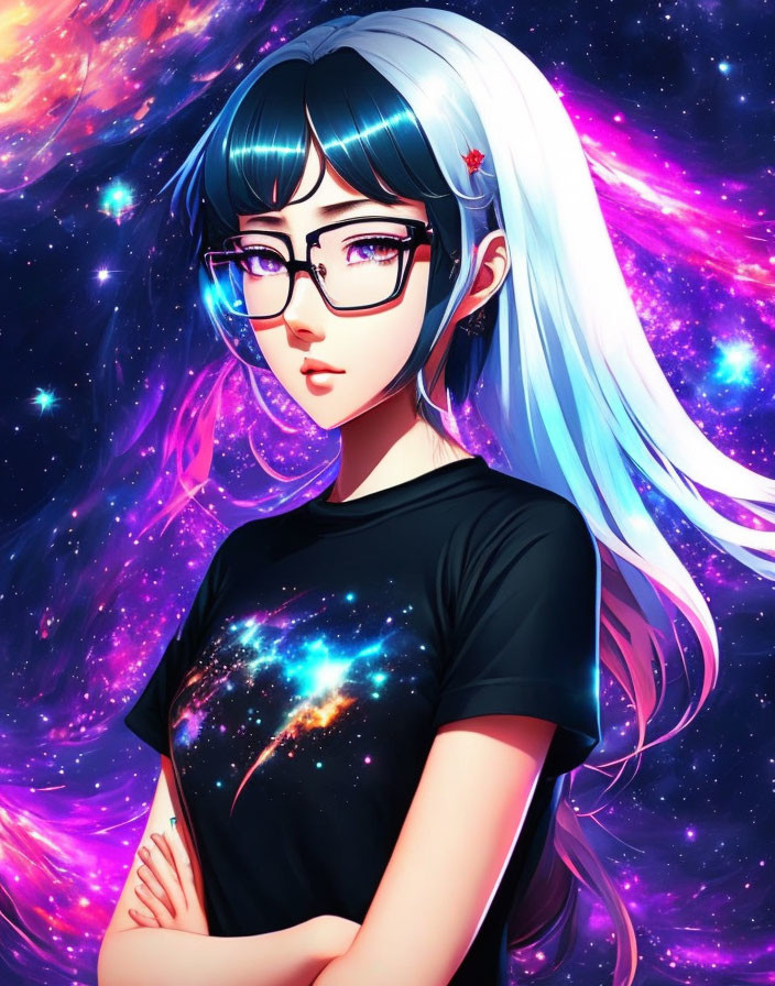 Blue-Haired Anime Girl in Galaxy T-Shirt with Glasses on Starry Background