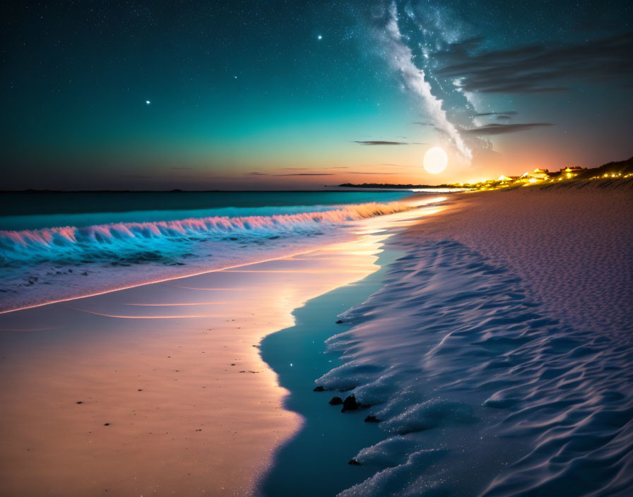 Tranquil beach scene with full moon casting golden glow