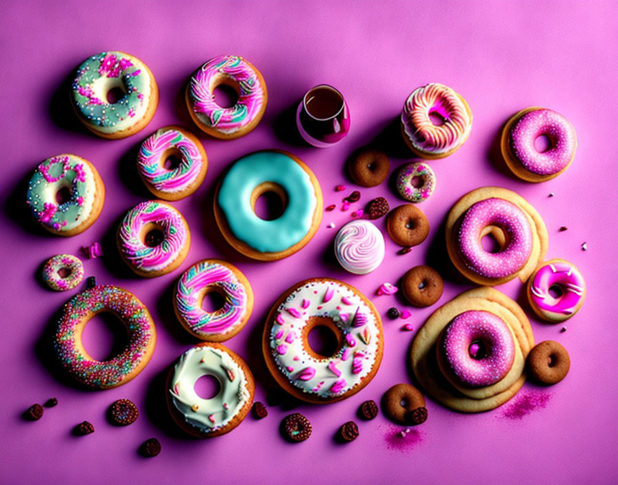 Vibrant donuts with assorted icings on pink background