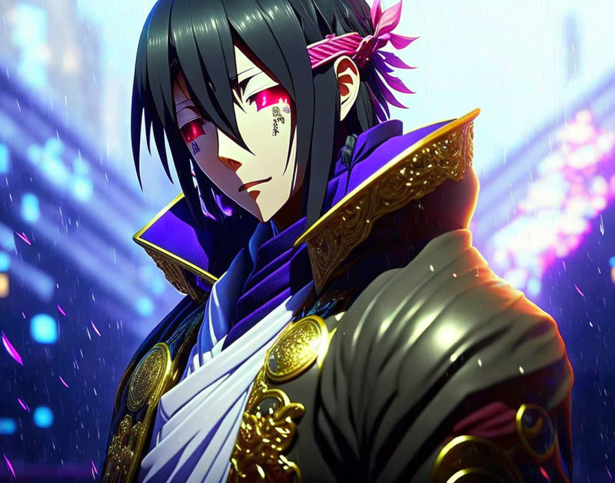 Black-Haired Animated Character in Purple and Gold Outfit with Red Eyes