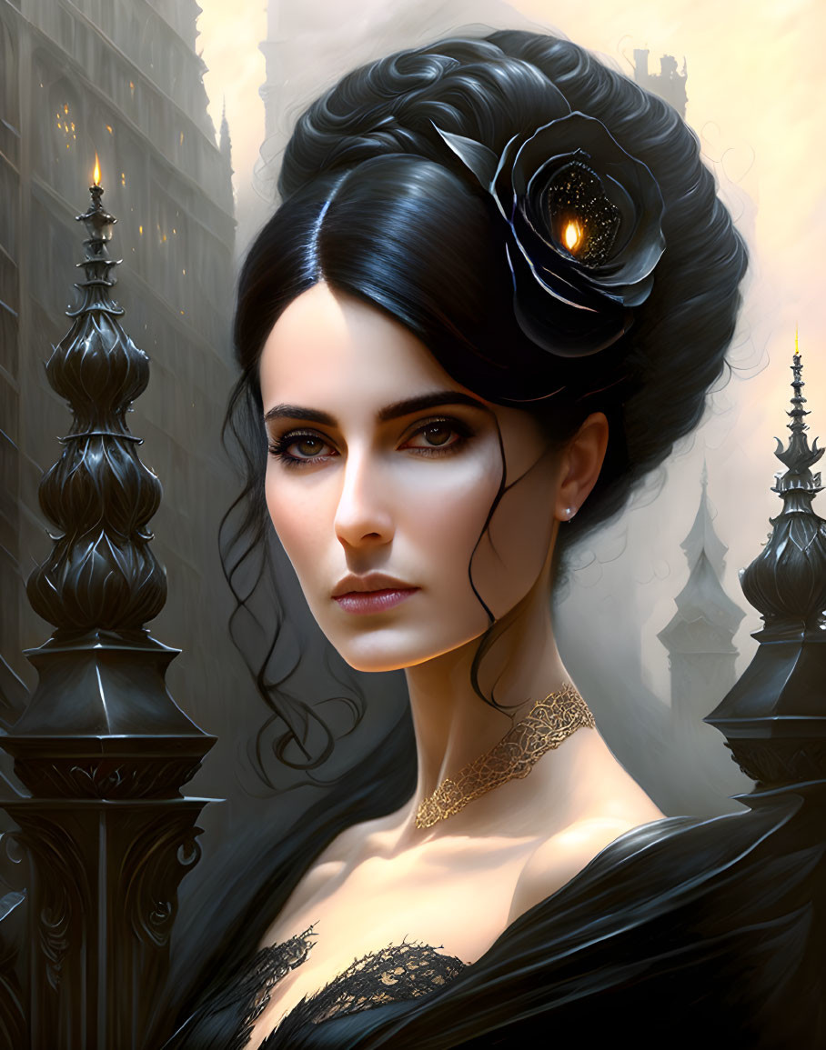 Dark-haired woman with black flower, dark eyes, and gothic backdrop.