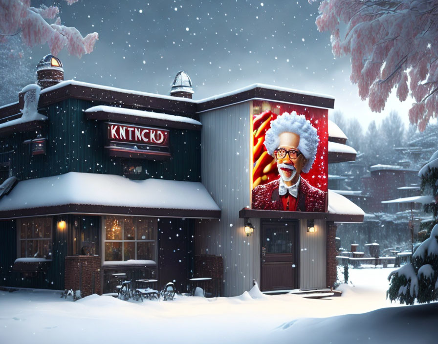 Cozy restaurant in snowy setting with festive decor