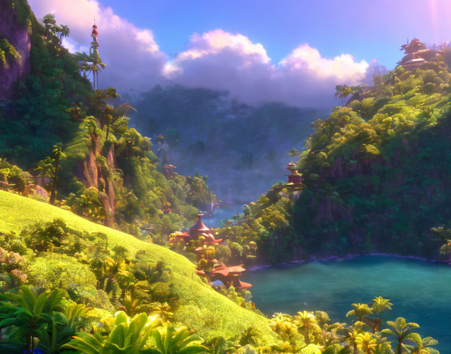 Tranquil animated landscape with lush greenery and traditional buildings